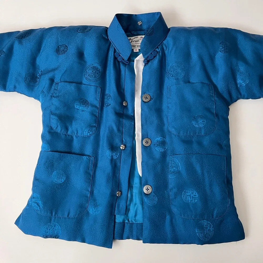 Vintage 100% Silk Quilted Puffer Jacket Kids Toddler Teal Blue Asian Traditional